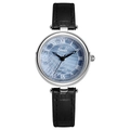 Vintage ladies quartz watch with black leather strap and textured blue mother-of-pearl dial - Silver Case Black Dial Black Leather Strap