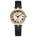 Montre à quartz rétro pour femme avec boîtier doré, bracelet en cuir noir et chiffres romains - Boîtier Doré Cadran Doré Bracelet en Cuir Noir