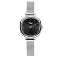 Minimalist silver oval quartz watch for women with black dial and mesh steel strap - Silver Case Black Dial Silver Mesh Strap