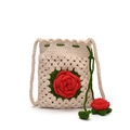 Handmade crochet bucket bag in beige with red 3D rose and green drawstring strap - Red