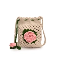Handmade crochet drawstring bucket bag in beige with pink rose floral accents - Pink