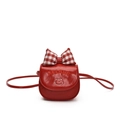 Cute red mini crossbody bag with a checkered bow and cat embroidery for girls - Red