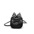 Mini black glossy leather crossbody bag with checkered bow and cartoon cat motif - Black