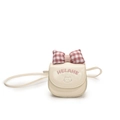 Cute beige cat-themed crossbody bag with pink plaid bow detail and HELAHE embroidery - White