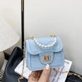 Mini sky blue princess pearl handbag with gold chain strap for young girls - Blue
