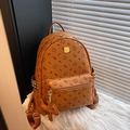 Brown PU leather backpack with cat print patterns and golden metal logo hardware - Bare Bag / Yellow