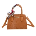 Brown faux leather crossbody bag with snake texture and a decorative floral silk scarf - Brown With Silk Scarf