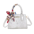 Mini silver snake skin texture handbag with decorative red and blue silk scarf handle - Silver With Silk Scarf