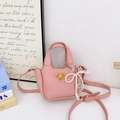 Pink mini crossbody bag for girls with pearl bow and golden triangle plaque detail - Pink With Pendant