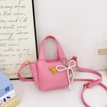 Pink lychee texture mini handbag for girls with pearl bow and golden metal logo - Rose Pink With Pendant