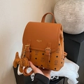 Brown-orange vintage PU leather backpack with cat pattern and cute puppy charm - Yellow with Pendant