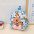 Blue checkerboard kid backpack with cute cartoon bear prints and luck lettering - Blue