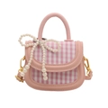 Mini sac à main rose à carreaux pour fille avec perles blanches et nœud charmant - Rose Avec Pendentif