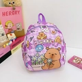 Light purple plaid kids backpack with cute bear print and decorative funny typography - Purple