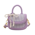 Mini sac à main violet à carreaux pour fille avec nœud en perles et bandoulière - Violet avec Pendentif