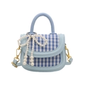 Mini sac à main bleu clair en cuir PU avec rabat à carreaux et noeud en perles - Bleu avec pendentif