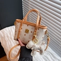 Schicke cremefarbene Beuteltasche mit Katzenprint, orangefarbenem Rand und Hundeanhänger - Nur Tasche / Set Gelb