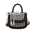 Mini sac à main à carreaux avec nœud en perles blanches et bordure en PU noir - Noir Avec Pendentif