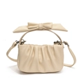 Creamy white pleated cloud handbag for girls with decorative bow handle and shoulder strap - White