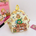 Yellow checkered children's backpack with cute festive capybara print and top handle - Yellow