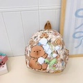 Beige plaid kids backpack with cute cartoon bear print and luck everything slogans - Khaki