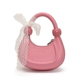 Pink crescent handbag for girls featuring sweet white lace bow and textured finish - Rose Red