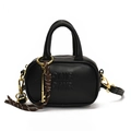 Mini black leather crossbody bag for kids with letter embossing and key keychain accessory - Black With Key Pendant