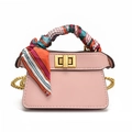 Pink mini leather chain bag for girls featuring a colorful silk scarf wrapped handle - Pink with Silk Scarf