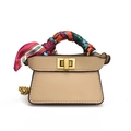 Mini beige chain bag for girls featuring a silk scarf wrap and golden twist lock clasp - Khaki With Silk Scarf