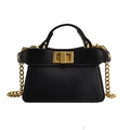 Miniature black trapezoid bag with gold chain strap and silk scarf accent - Black (Bag Only)