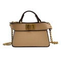 Mini khaki trapezoid chain handbag for girls featuring lychee texture leather and gold lock - Khaki Naked Bag