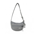 Graue halbmondförmige Nylon-Umhängetasche mit Netztasche und geknotetem Gurt - Grau