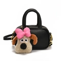 Mini black leather tote for girls with a cute plush puppy charm and detachable strap - Black Dog Head Pendant