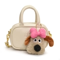 Beige mini handbag for girls with plush puppy pendant and detachable shoulder strap - White Dog Head Pendant