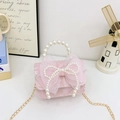 Elegant pink girl's handbag with lace mesh bow, pearl handle, and gold chain strap - Pink Bowknot