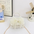 Elegant kids crossbody bag in cream sequins featuring a mesh bow and pearl handle - Beige Bowknot