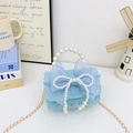 Blue princess handbag with lace texture, large mesh bow, and elegant pearl handle - Blue Bow