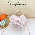 Minibolso rosa para niña con lazo de encaje blanco y elegante asa de perlas de imitación - Rosa Lazo de Encaje
