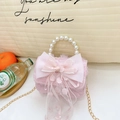 Minibolso rosa para niña con lazo de tul y asa de perlas en estilo dulce princesa - Rosa Claro