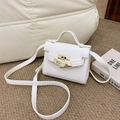 Mini white lychee grain leather crossbody bag with elegant gold lock and top handle - White