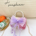 Mädchen Handtasche mit rosa-violettem Glitzer, Netzschleife und Perlengriff - Rosenrosa