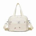 Quilted off-white diaper bag with pink floral embroidery and a detachable shoulder strap - Flower Style
