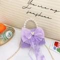 Minibolso morado para niña con lazo de organza, perlas y correa de cadena dorada - Corazón Púrpura