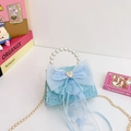 Bolso de encaje azul claro para niña con lentejuelas, lazo de malla y perlas - Corazón azul