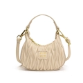 Chic beige pleated half-moon handbag for girls with gold hardware and top handle - White