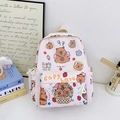 Pink plaid backpack with cute cartoon capybara prints and lightweight strawberry motifs - Beige