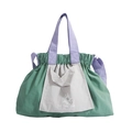 Green and lilac contrast large capacity kids tote bag with drawstring pleated closure - Large / Green
