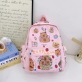 Pink checkered backpack with cute cartoon capybara prints for kids lightweight travel - Pink