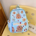 Light blue checkerboard school backpack with cute cartoon capybara prints and patterns - Blue