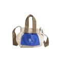 Mini canvas tote bag for kids in beige with bright blue front pocket and brown straps - Small / Blue